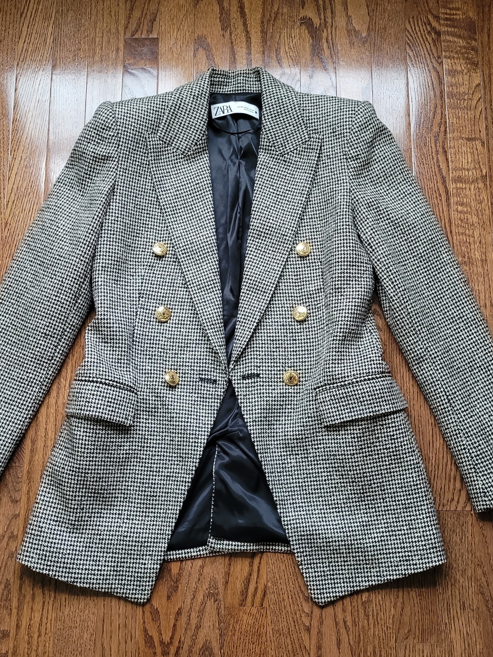 Zara Black & White Houndstooth Double-Breasted Blazer with Gold Buttons